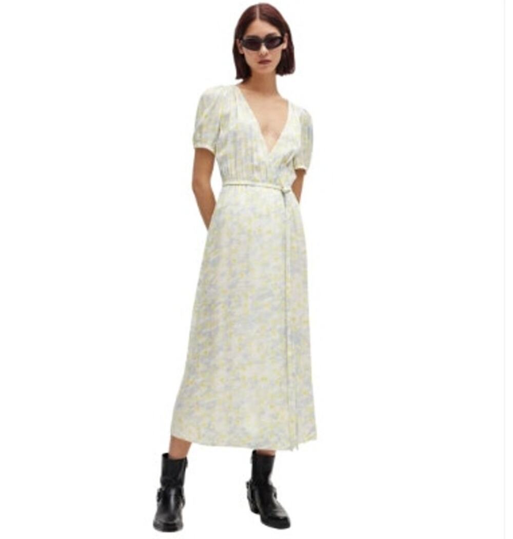 Hugo Blue & Yellow Kikoni-1 Floral Short Sleeve Wrap Front Maxi Dress Size 6